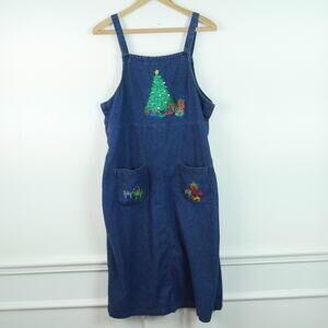 Vintage Petite Medium Embroidered Christmas Dress Pinafore Chambray Jumper Y2K